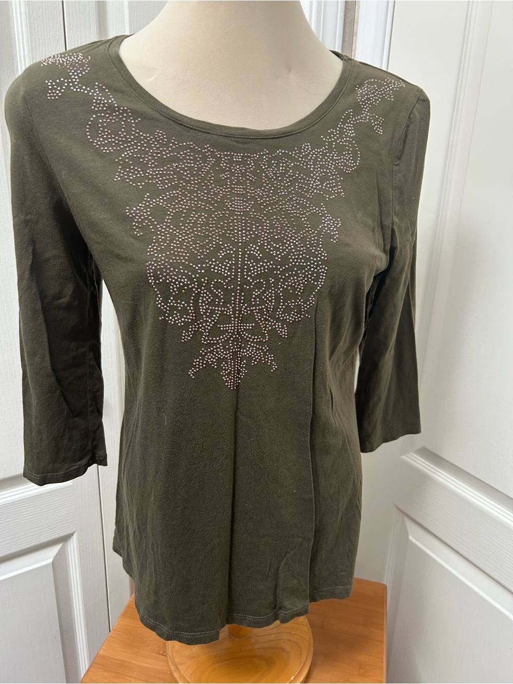 Women's Olive Green Embellished Scoop Neck Top